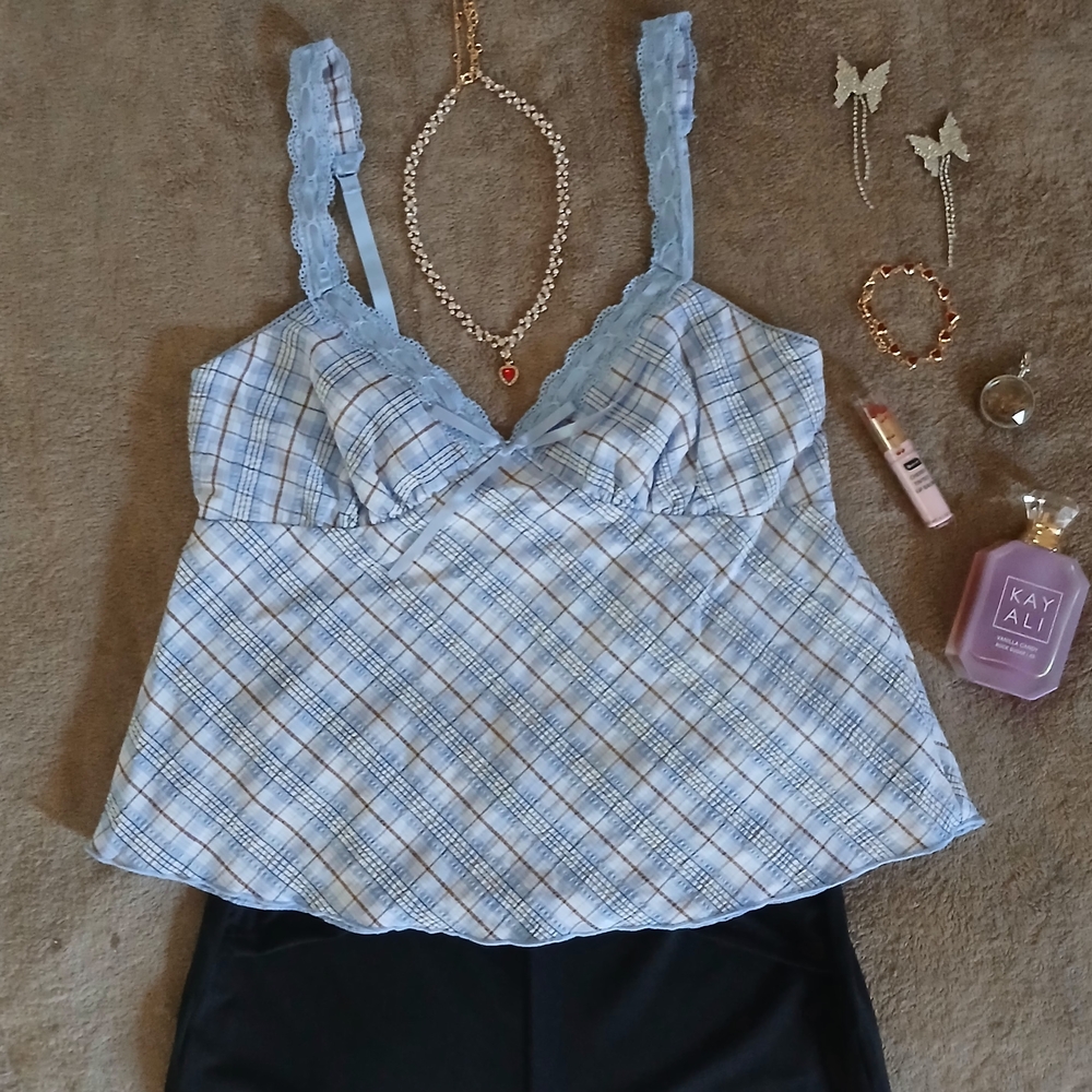 Y2K Blue Gingham Lace Cami Top | Ruffle Trim Crop | Size S